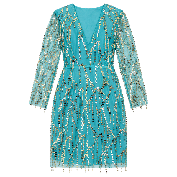 NWT Southern Fried Chics "Magic Mirror" Teal Sequin Fringe Cocktail Dress Sz Sm