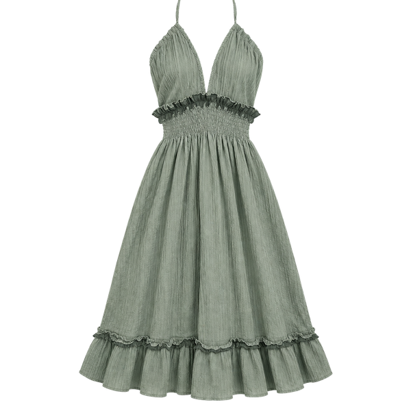 Moss Green Stretch Crinkle Tie Back Halter Dress w Ruffles Adjustable Sz M/XL