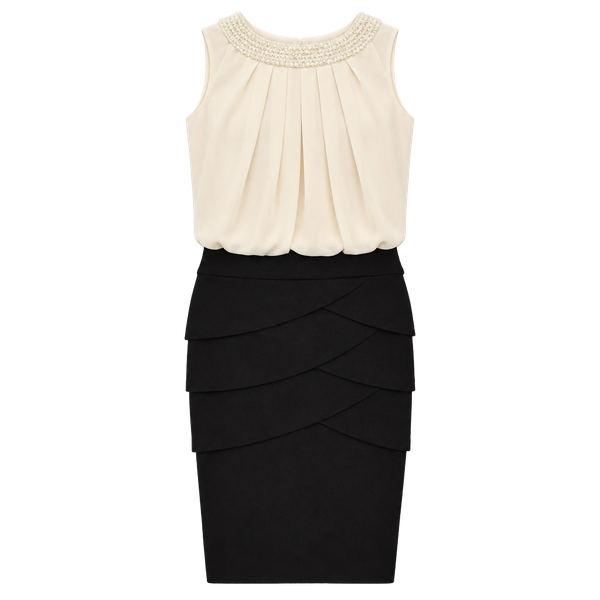 Formal Champagne & Black Evening Cocktail Dress w Beading & Scalloped Stretch S4