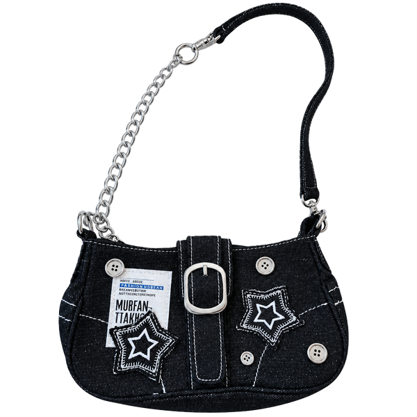 Y2K-Style Grunge Retro Denim Star Shoulder Hobo Bag Buckle Strap Silver Chain
