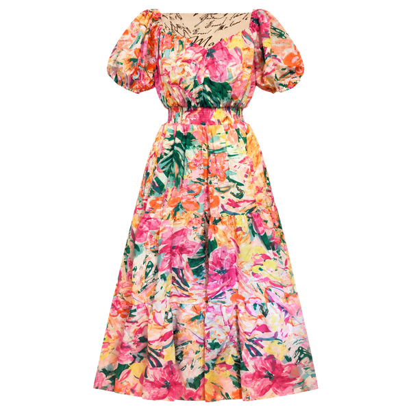 Flying Tomato Vibrant Watercolor-inspired Floral Puff Sleeve Tier Skirt Dress S 