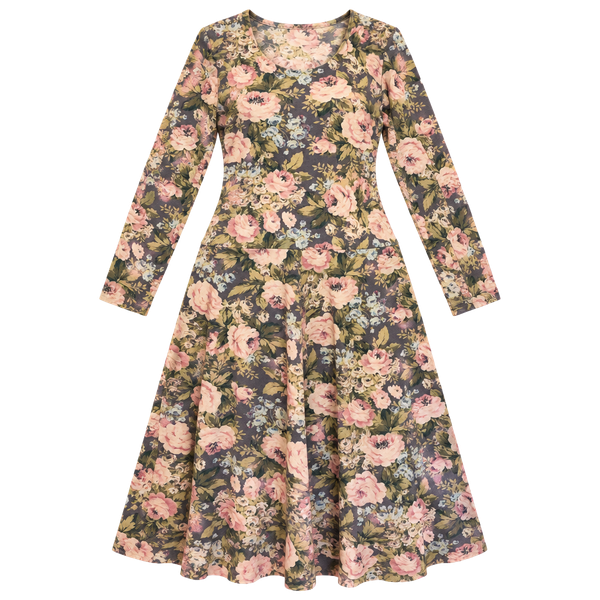 Vintage Ellen Hart Originals Grey Flower pattern Stretch Dress W Shoulder Pads P