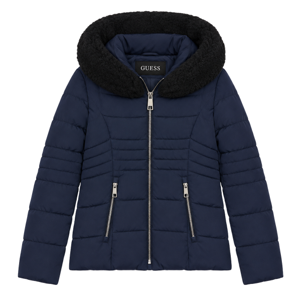 Guess Puffer Jacket Size L Blue Faux Fur Hood