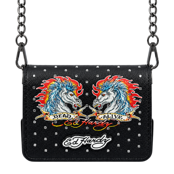 Ed Hardy Dead Or Alive Crossbody Wallet Black Rhinestone