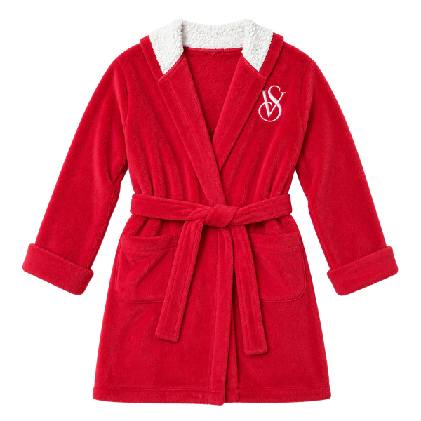 Victoria's Secret VS Logo Plush Sherpa Lined Hooded Robe in Red