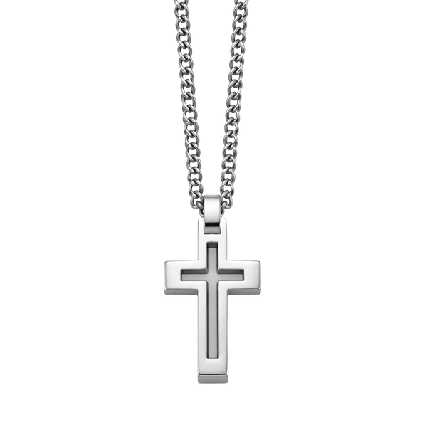 Mens Diamond-Accent Stainless Steel Cross Pendant Necklace, Color: White - ,