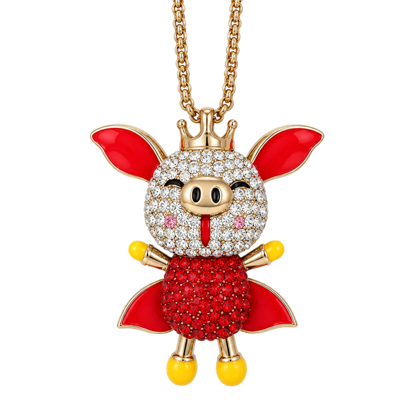 Betsey Johnson Flying Pig Rhinestone Pendant Necklace Goldtone