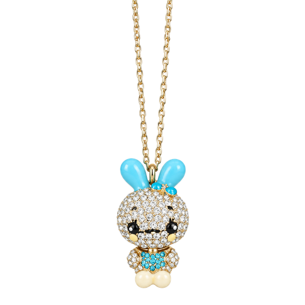 Betsey Johnson Blue Bunny Crystal Pendant Necklace Gold Tone