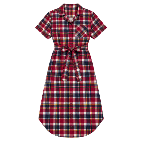 Downeast Plaid Shirt Dress Red Navy Belted Button Front Short Sleeve M