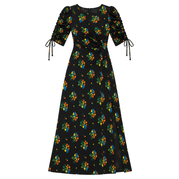 ASOS Black Floral Print Maxi Dress Ruched Tie Sleeves Front Slit Size US 4