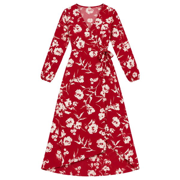 LUSH Red Floral Faux Wrap Midi Dress Long Sleeve Lined Women’s Size Small