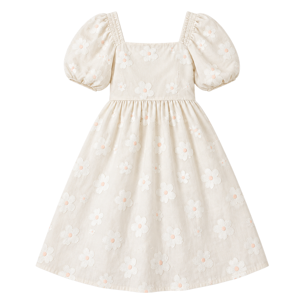 Polagram Cream Embroidered Floral Puff Sleeve Babydoll Dress Size M