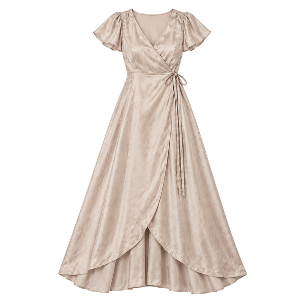 Baltic Born Krystal Satin Wrap Gown Champagne Maxi Dress Flutter Sleeve M