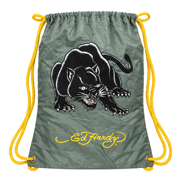 Ed Hardy Panther Drawstring Bag Green w/Yellow straps
