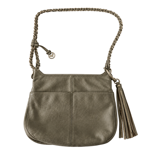 Brighton Taupe Pebbled Leather Crossbody Shoulder Bag Braided Strap Tassel Charm