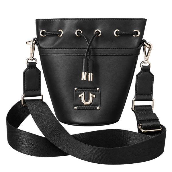 True Religion Black Faux Leather Bucket Bag Purse Crossbody