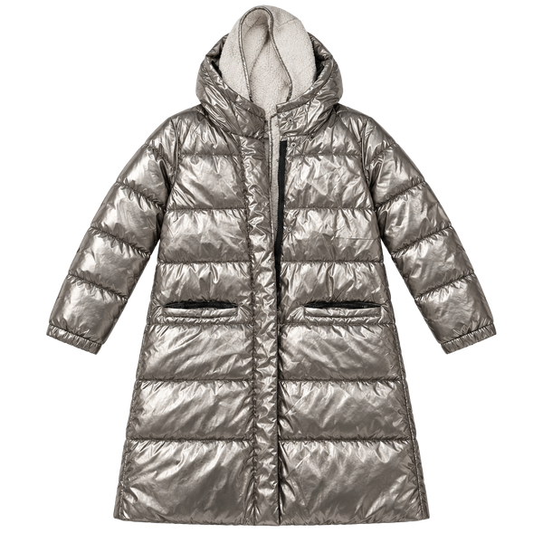 Zara Puffer Jacket kids  13-14 Metallic Silver Sherpa Hood