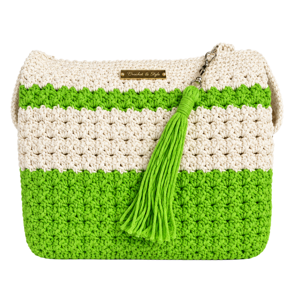 Handmade Crochet Shoulder Bag Green White Striped Handbag with Tassel