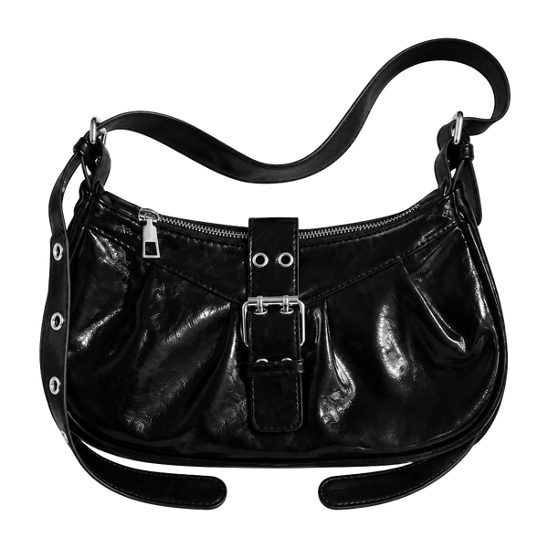 Y2K Black Patent Leather Shoulder Bag Buckle Crescent Hobo Purse