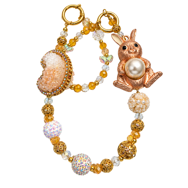 Gold tone bunny and moon beaded bag charm chain pink