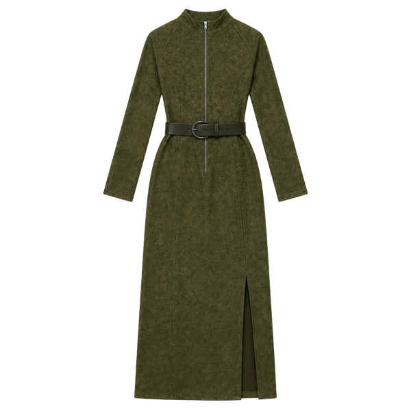 SHEIN Olive Suede Maxi Dress Mock Neck Full Zip Belted Split Long Sleeve