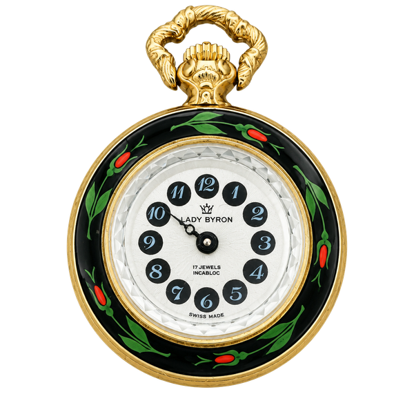 Lady Byron 17 Jewels Incabloc Swiss Made Pendant Watch Enamel Floral