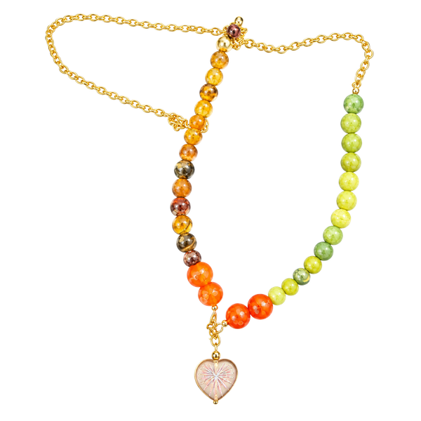 Handmade Autumn Fall Gemstone Beaded Heart Pendant Necklace