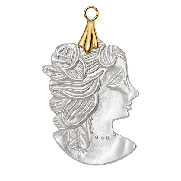 Vintage Mother of Pearl Cameo Pendant with Rose and Profile Design and Gold Tone