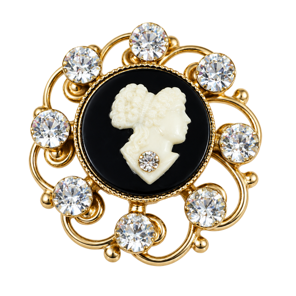 Vintage Gold Tone Cameo Brooch with Rhinestones and Black Background