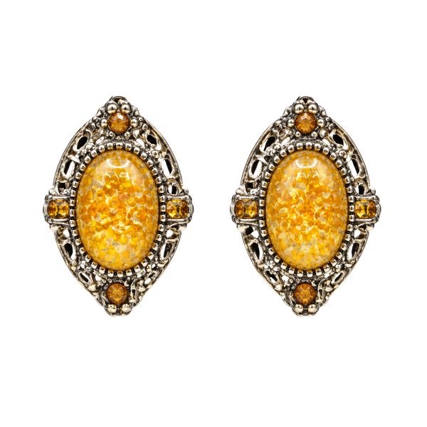Vintage Gold Tone Filigree Clip On Earrings Amber Pressed Glass