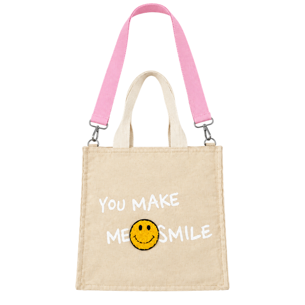 Canvas Tote Bag You Make Me Smile Pink Strap Smiley Patch