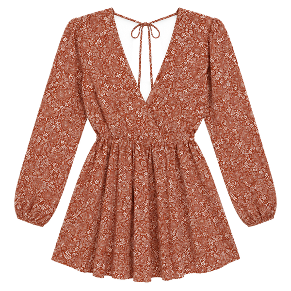 Forever 21 Paisley Romper Rust Long Sleeve V-Neck Open Back