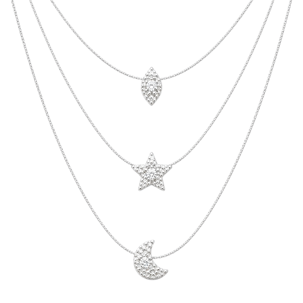 Invisible Floating Line Necklace with CZ Star Moon and Marquise Charms