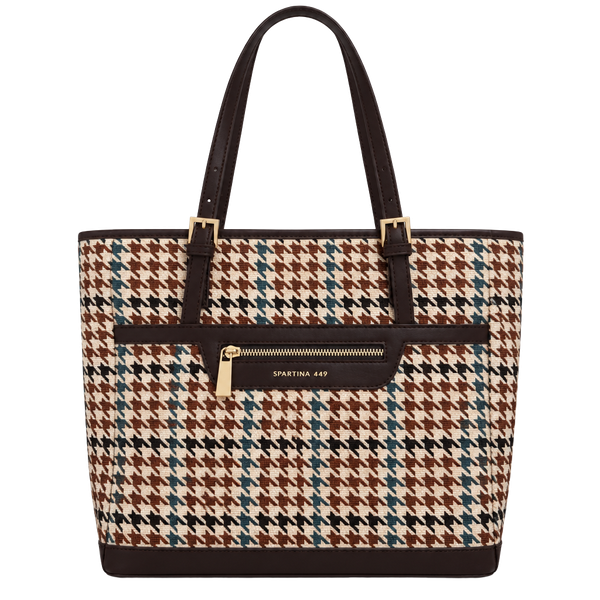 Spartina 449 Houndstooth Tote Bag Brown Leather Shoulder Purse