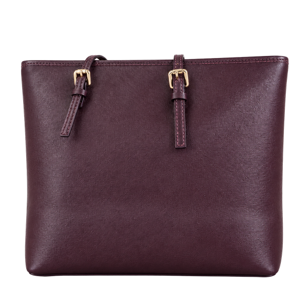  Italian Leather Saffiano Burgundy Zip Tote Bag