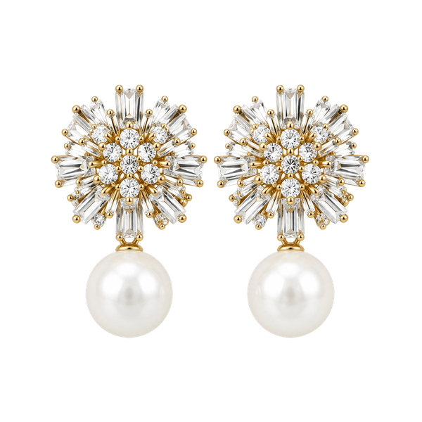 1 Pair Faux Pearl Rhinestone Decor Snowflake Cluster Earrings, Summer Sparkling Beach Vacation Style Drop Earrings With Silver Needles Ear Jewelry Accessories
