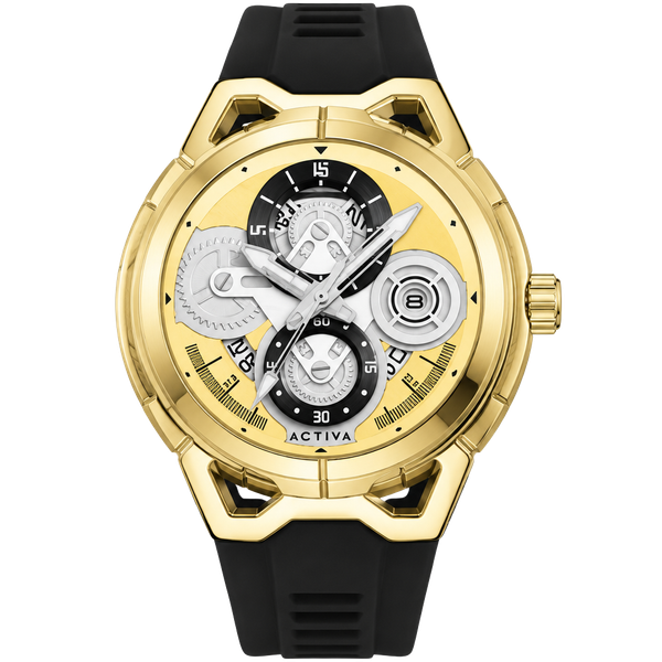 Activa Drift X Men’s Gold Tone Skeleton Dial Watch Black Strap ACW9349-009