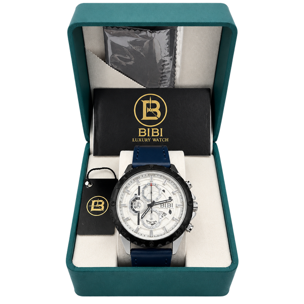 🔥 BIBI Men’s Watch B0184 Blue Strap Silver Case Black Bezel Date 40 mm NIB 🔥