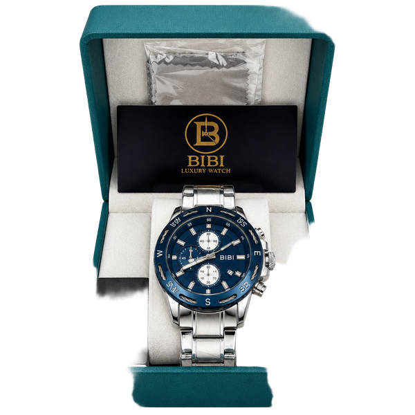 🔥 BIBI Mens Chronograph Watch Blue Silver Stainless Steel 38mm B0247 NEW In BOX