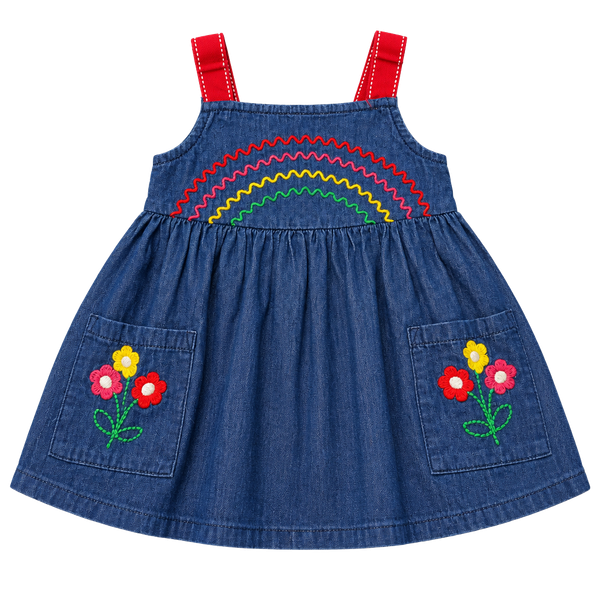 Kids Headquarters Denim Rainbow Dress Size 24M Embroidered Flowers