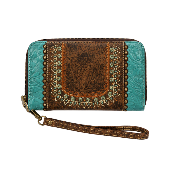 Montana West Western Turquoise and Brown Zip Around Wristlet Wallet