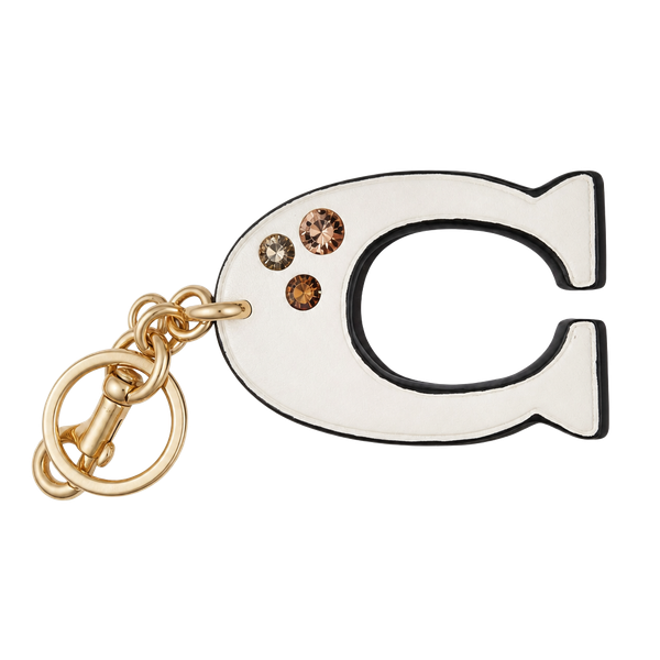 Coach Jeweled Signature C Bag Charm Key Ring Fob Chalk Gold