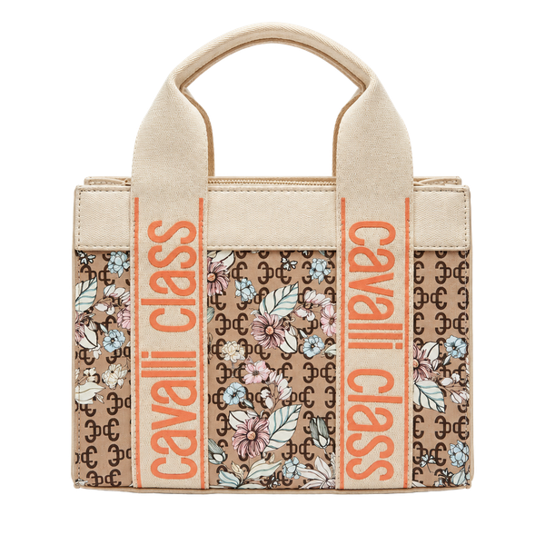 Cavalli Class Serafina Top Handle Tote Floral Logo Beige Orange Handbag