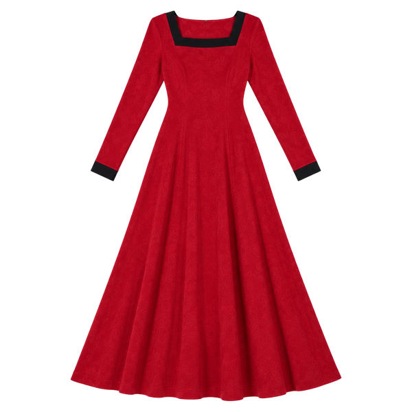 CGR Long Sleeve Fit and Flare Midi Dress Size M Red Black Trim