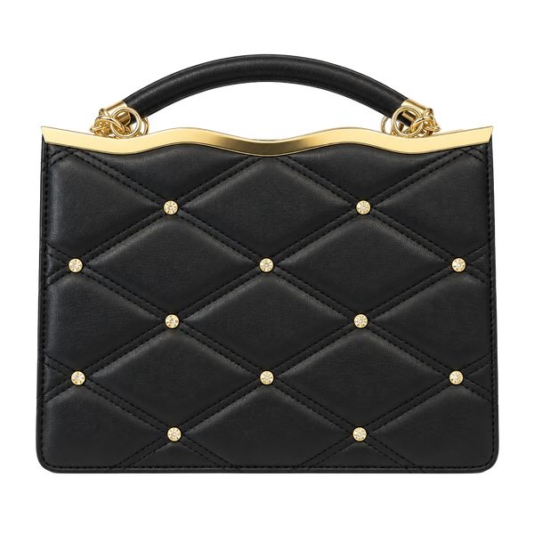 Grossi Black Quilted Rhinestone Handbag Purse Wavy Gold Frame Vintage