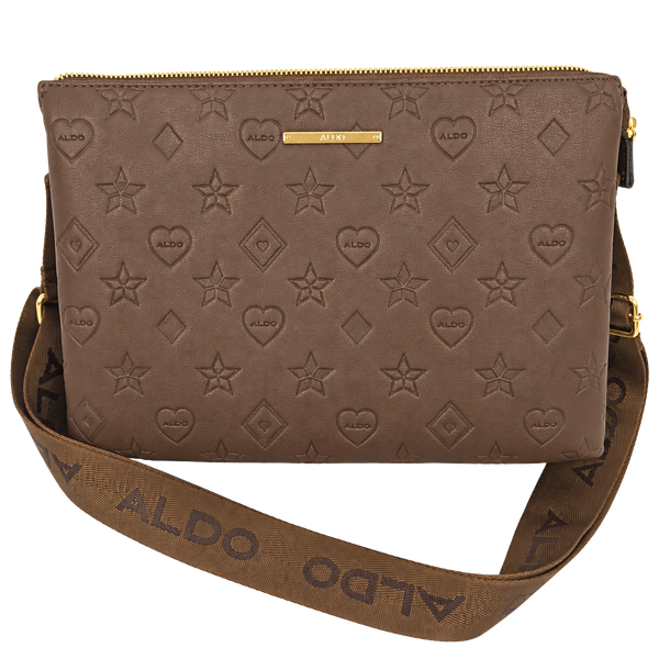 ALDO Brown Embossed Logo Crossbody Bag Zip Closure Adjustable Strap Pockets