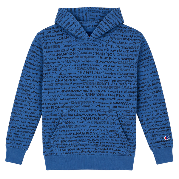 Champion Boys Kids blue Fleece Hoodie All Over Print Script Logo Size 5