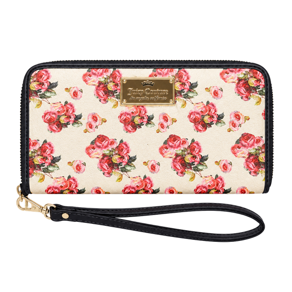 Juicy Couture Rose Print White Zip Around Wallet Wristlet