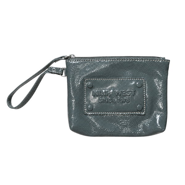 Nine West Patent Leather Wristlet Clutch Purse Gray Leopard Lining