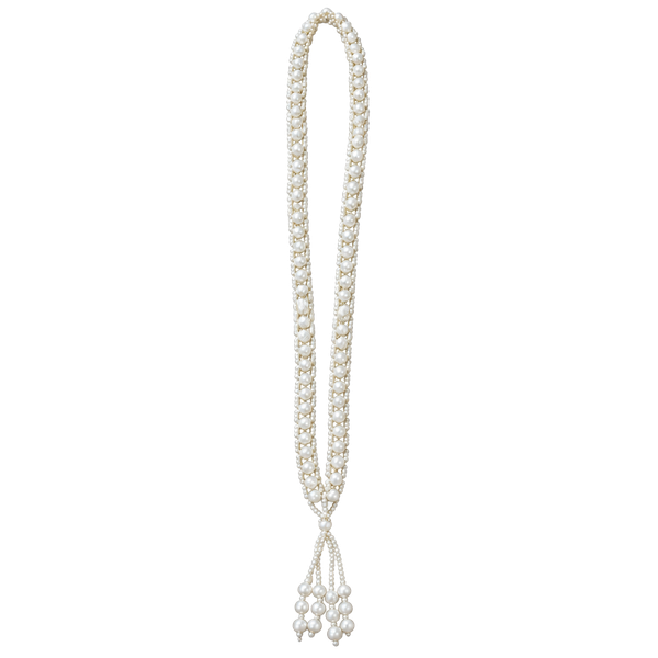 Vintage Faux Pearl Tassel Lariat Necklace White Beaded Flapper Jewelry